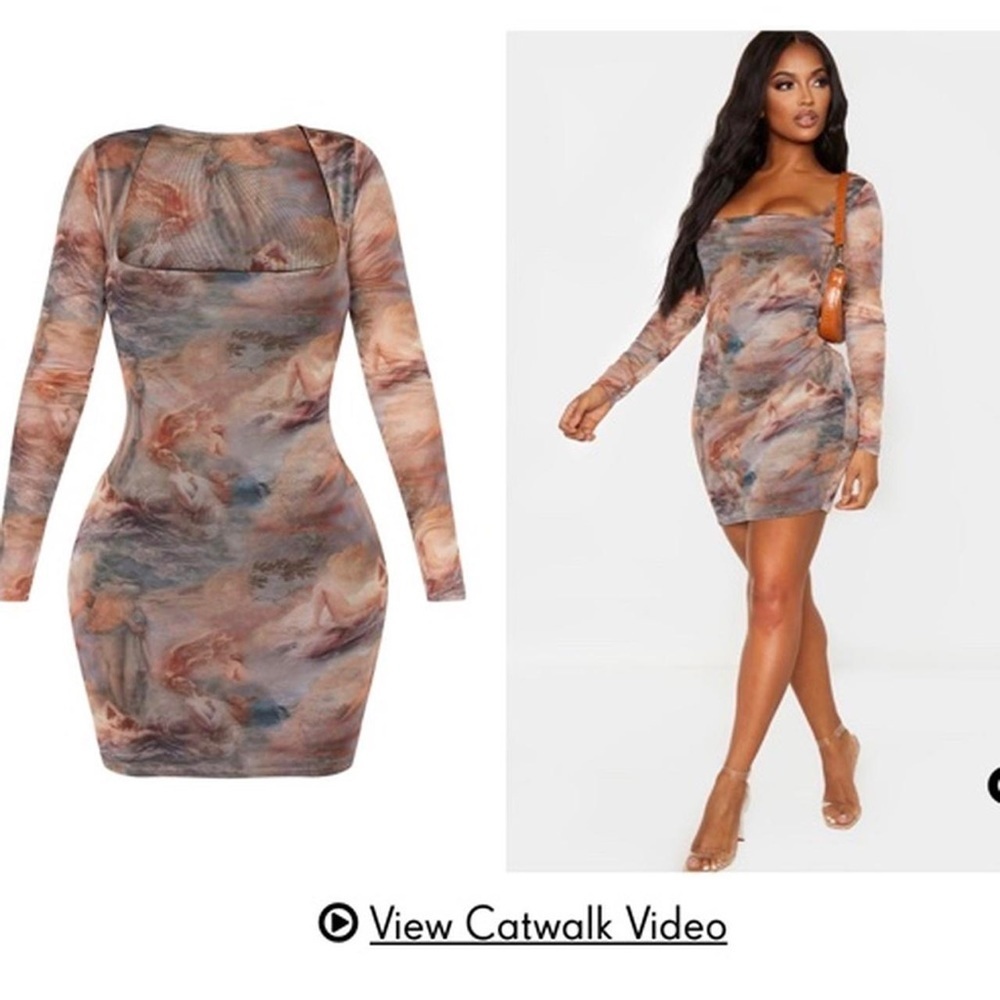 New Renaissance Print Mesh Square Neck Bodycon Dress - Picture 2 of 2